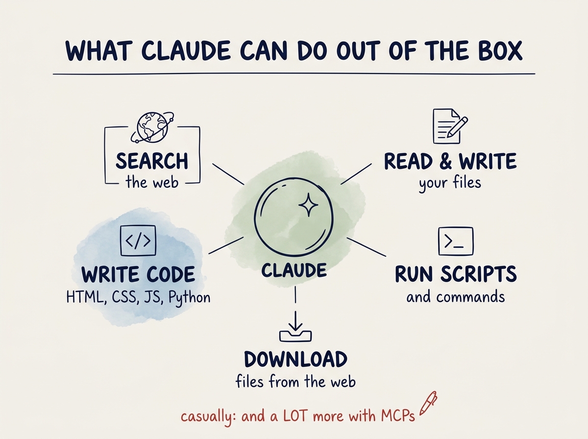 What Claude can do out of the box, before you plug in any MCPs.